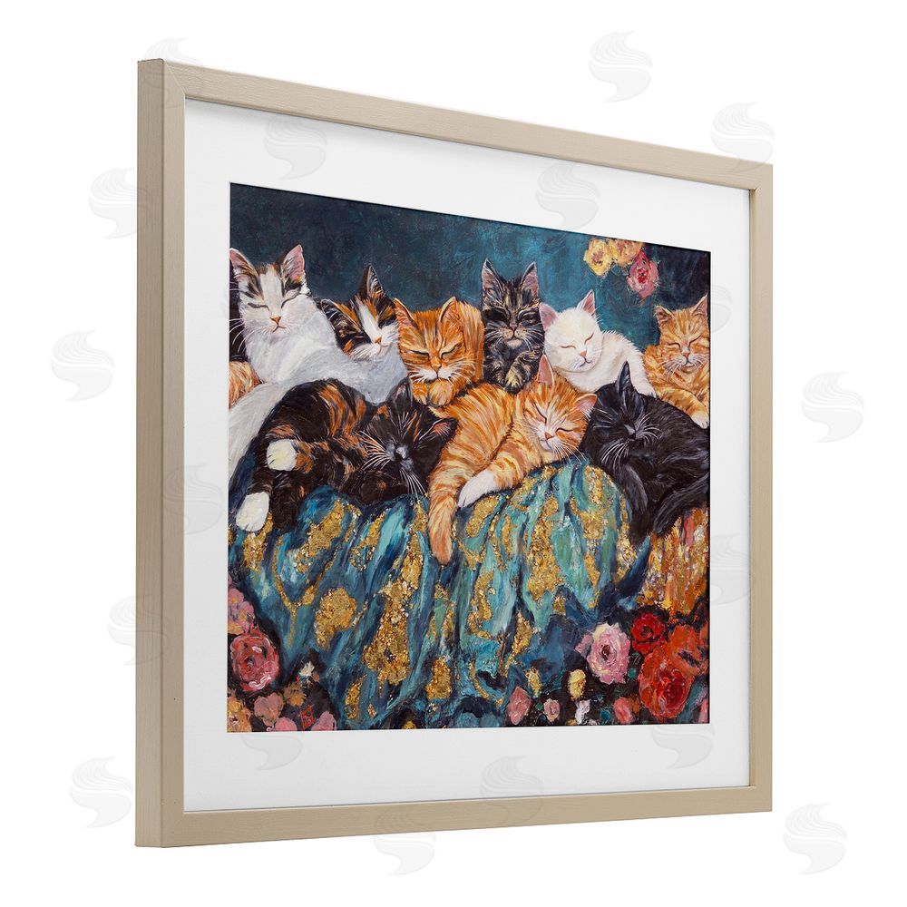 Sara Culpepper Sleepy Kitty Crowd with Flowers Brown Framed Print Under Glass Wall Art