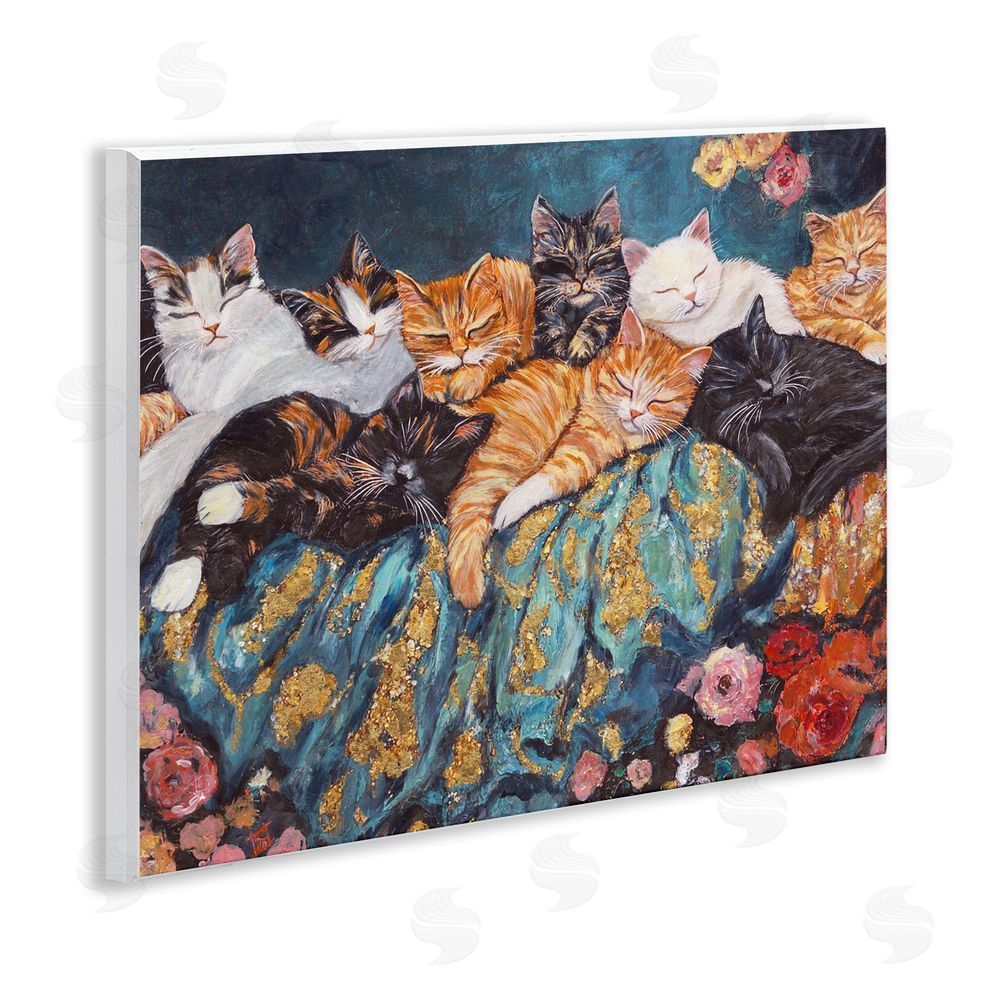 Sara Culpepper Sleepy Kitty Crowd with Flowers Wooden Wall Plaque Art Print
