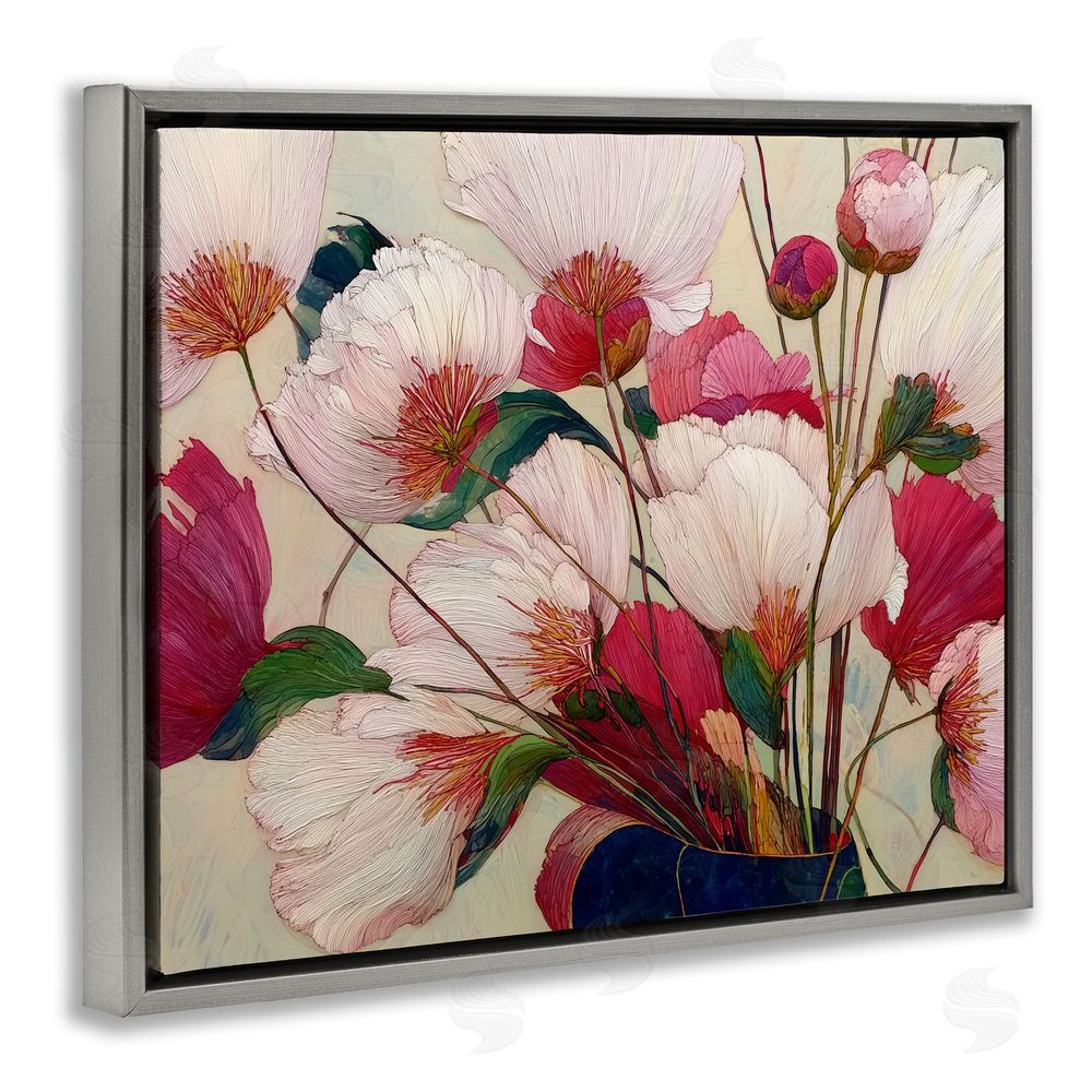 Annabelle Hall Lush Haiku Pink & White Flowers Gray Floating Frame Canvas Wall Art Print
