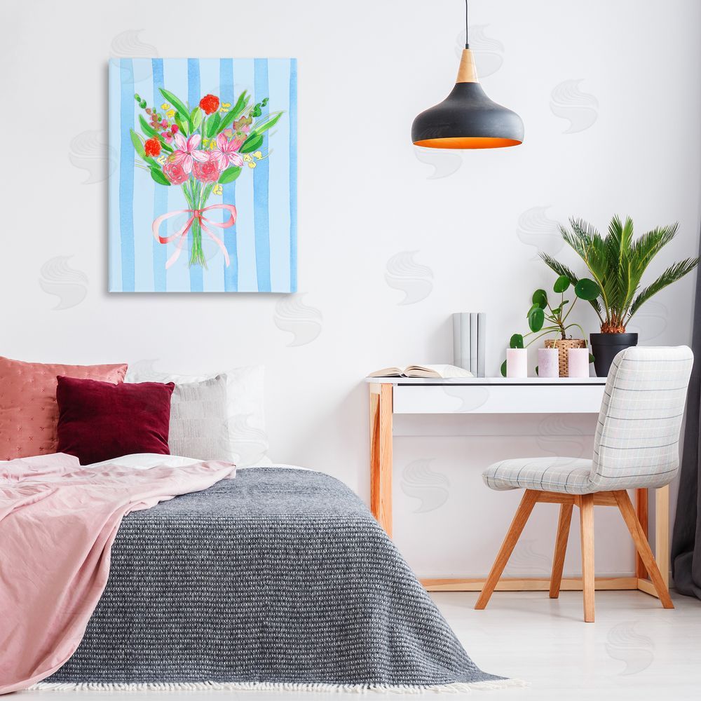 Nina Jacobs Blue and Pink Bouquet & Bow Stretched Canvas Wall Art Print in Room