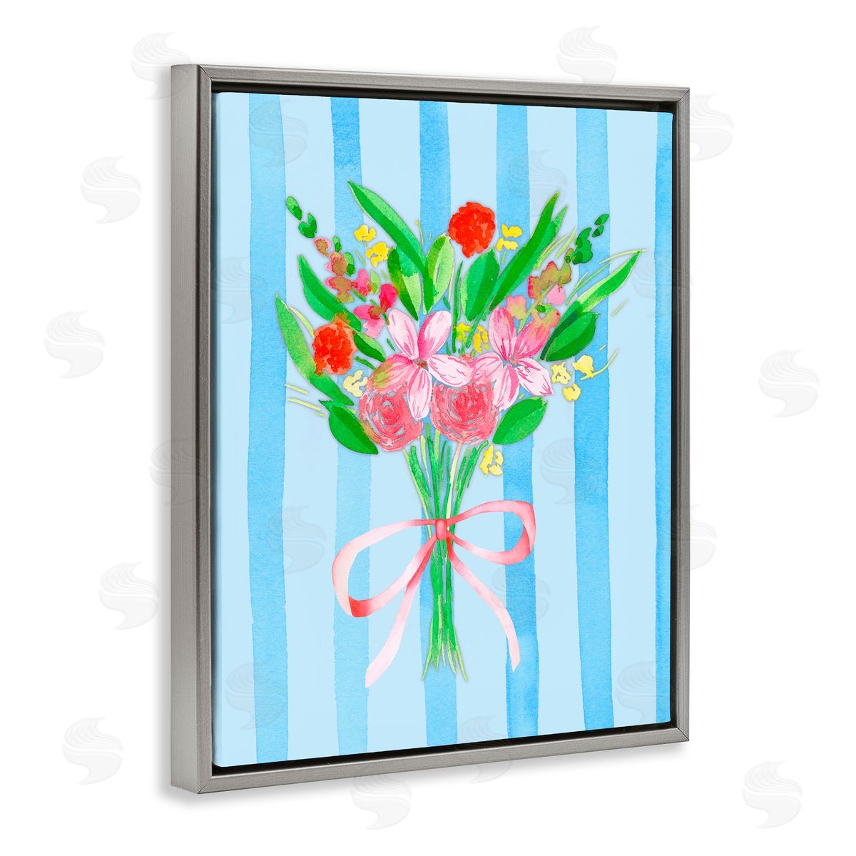 Nina Jacobs Blue and Pink Bouquet & Bow Gray Floating Frame Canvas Wall Art Print