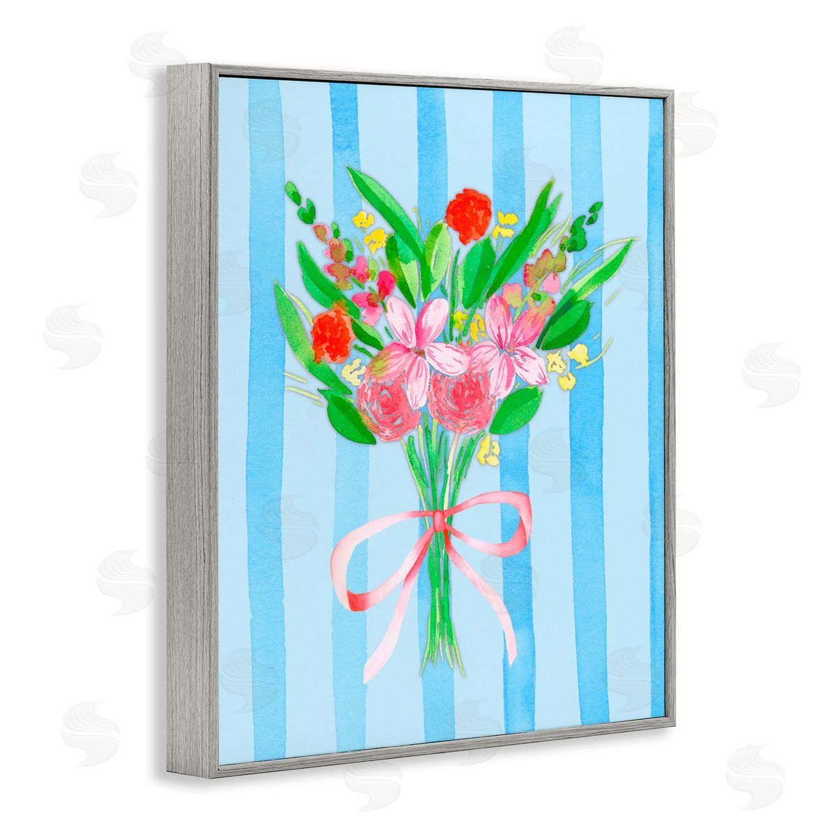 Nina Jacobs Blue and Pink Bouquet & Bow Gray Framed Giclee Print Wall Art