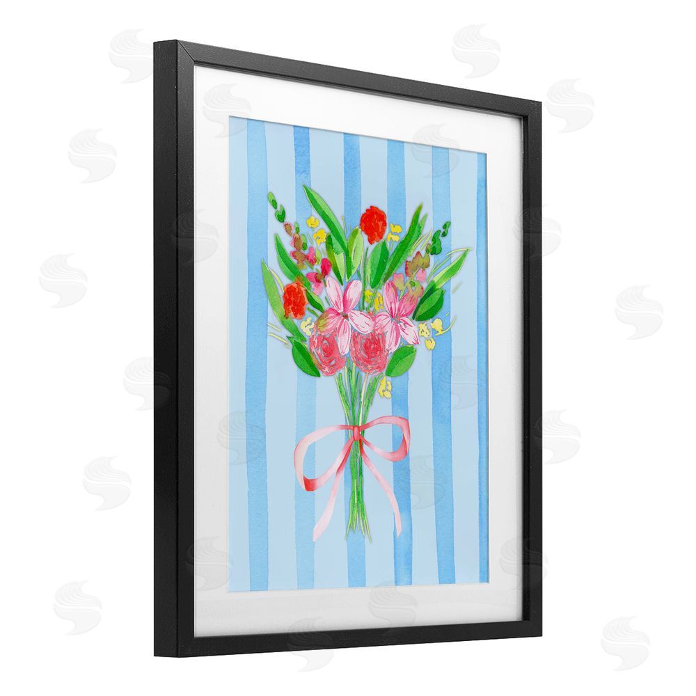 Nina Jacobs Blue and Pink Bouquet & Bow Black Framed Print Under Glass Wall Art