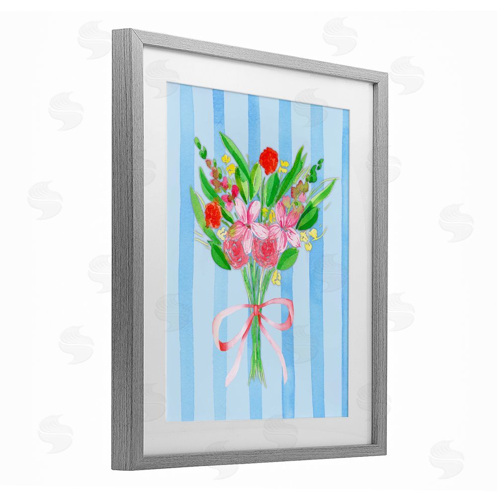 Nina Jacobs Blue and Pink Bouquet & Bow Gray Framed Print Under Glass Wall Art