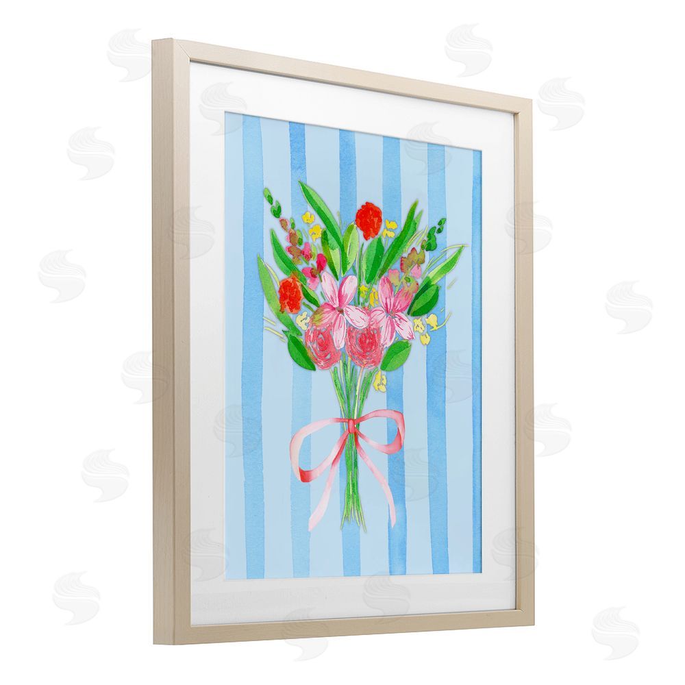 Nina Jacobs Blue and Pink Bouquet & Bow Brown Framed Print Under Glass Wall Art