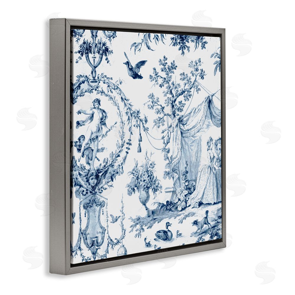 Vintage Hustle Classic Toile Scene Gray Floating Frame Canvas Wall Art Print