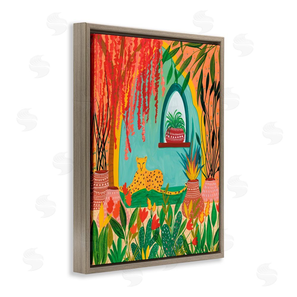 Nabeela Rumi Lone Leopard Among Botanicals Brown Floating Frame Canvas Wall Art Print