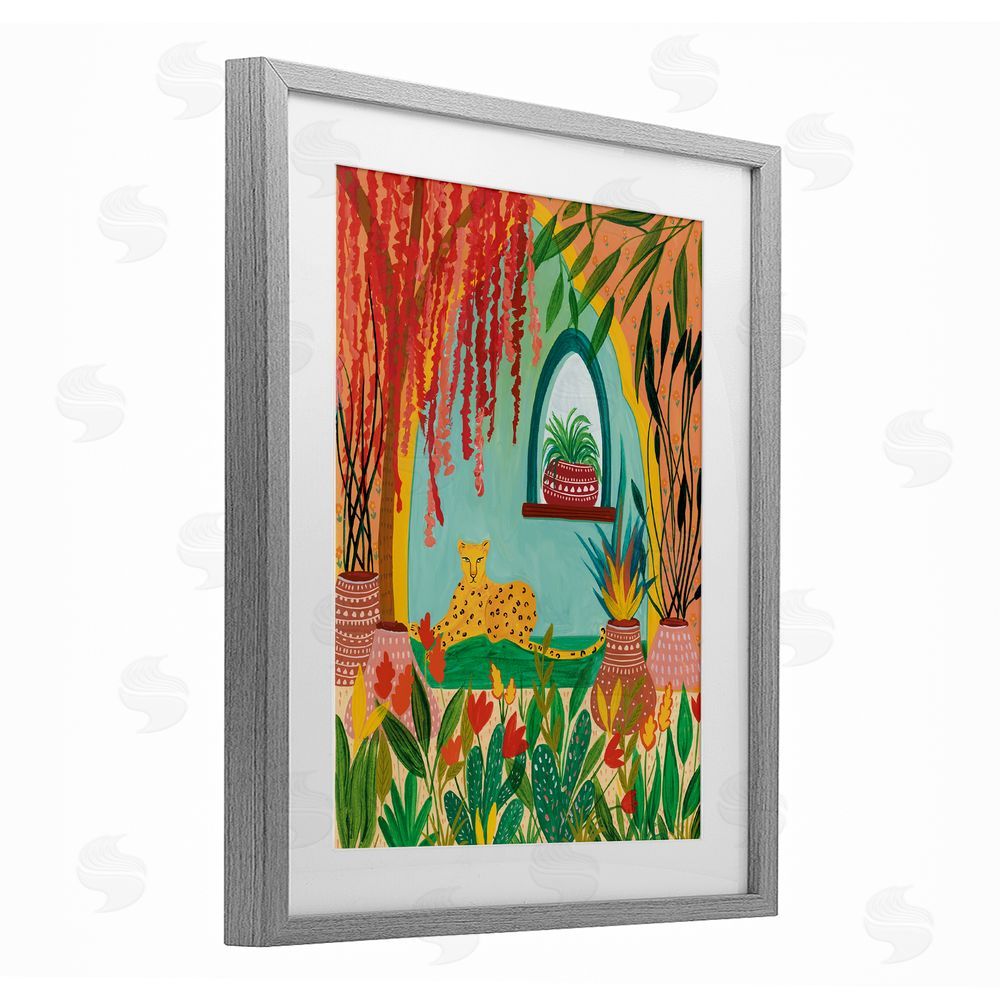 Nabeela Rumi Lone Leopard Among Botanicals Gray Framed Print Under Glass Wall Art