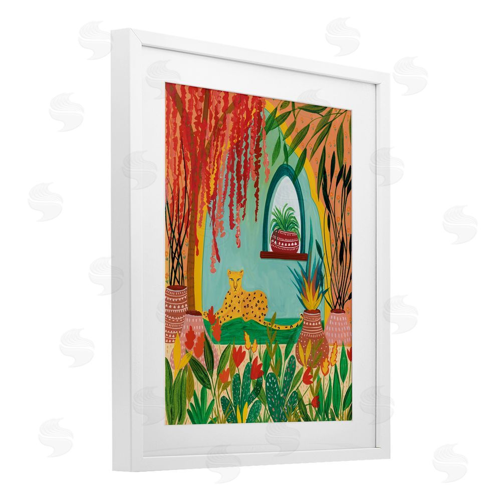 Nabeela Rumi Lone Leopard Among Botanicals White Framed Print Under Glass Wall Art