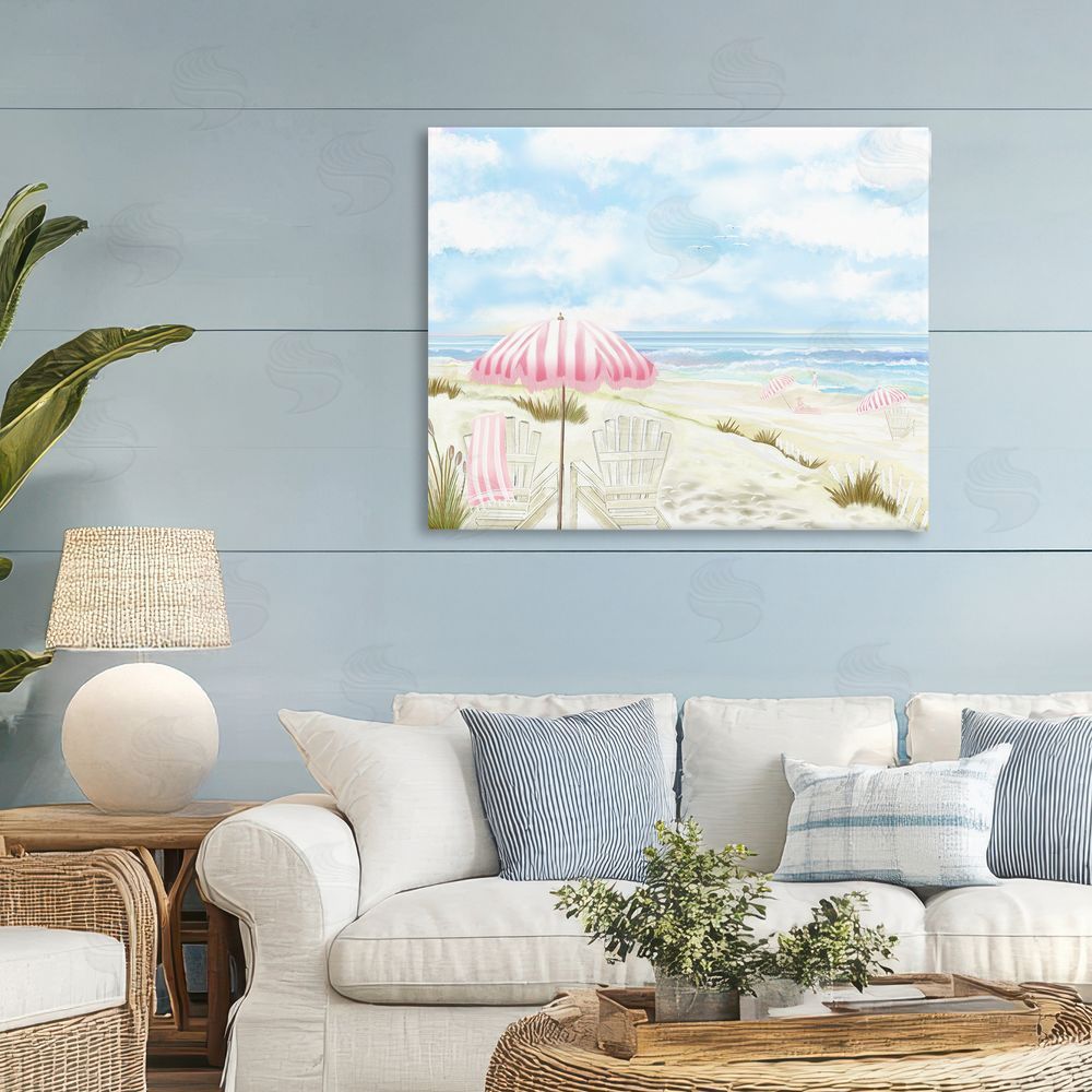 Lori Mosley Seascape with Pink Umbrella Stretched Canvas Wall Art Print in Room