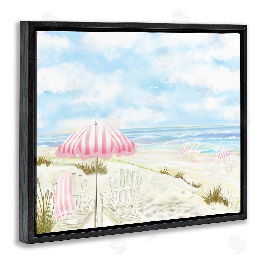 Lori Mosley Seascape with Pink Umbrella Black Floating Frame Canvas Wall Art Print