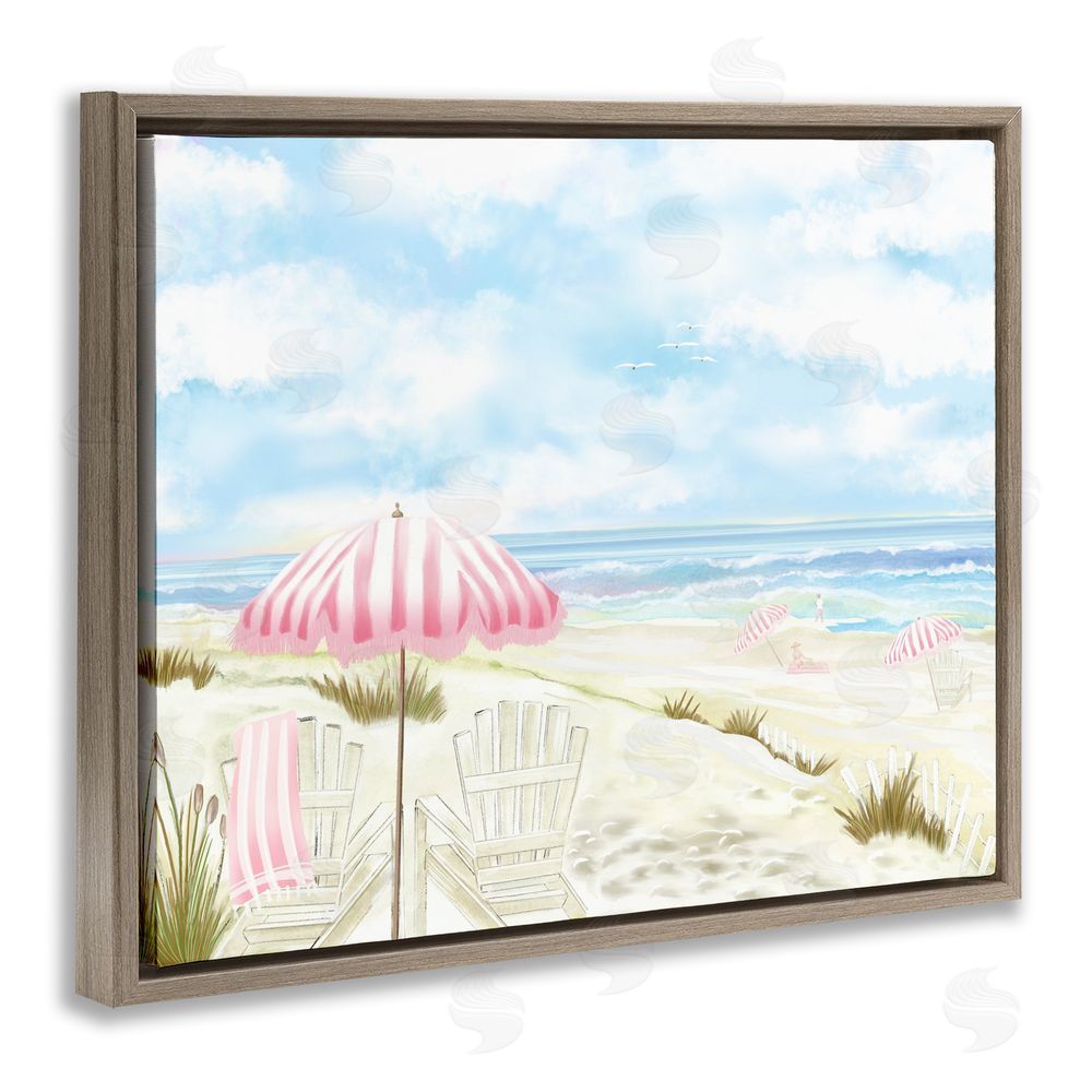 Lori Mosley Seascape with Pink Umbrella Brown Floating Frame Canvas Wall Art Print