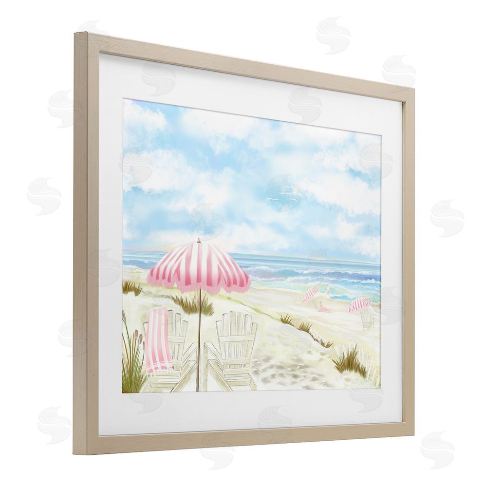 Lori Mosley Seascape with Pink Umbrella Brown Framed Print Under Glass Wall Art