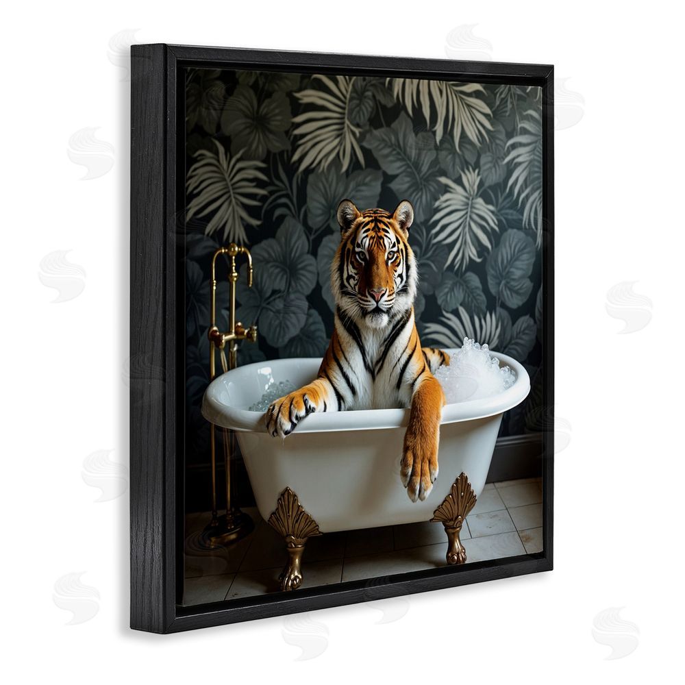 Lettered and Lined Tiger in Exotic Bubble Bath Black Floating Frame Canvas Wall Art Print