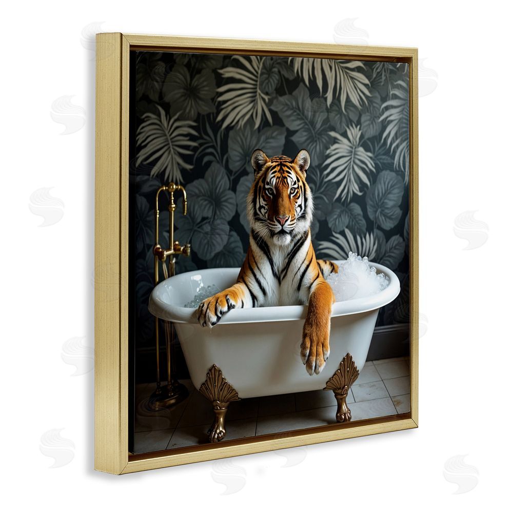 Lettered and Lined Tiger in Exotic Bubble Bath Gold Floating Frame Canvas Wall Art Print