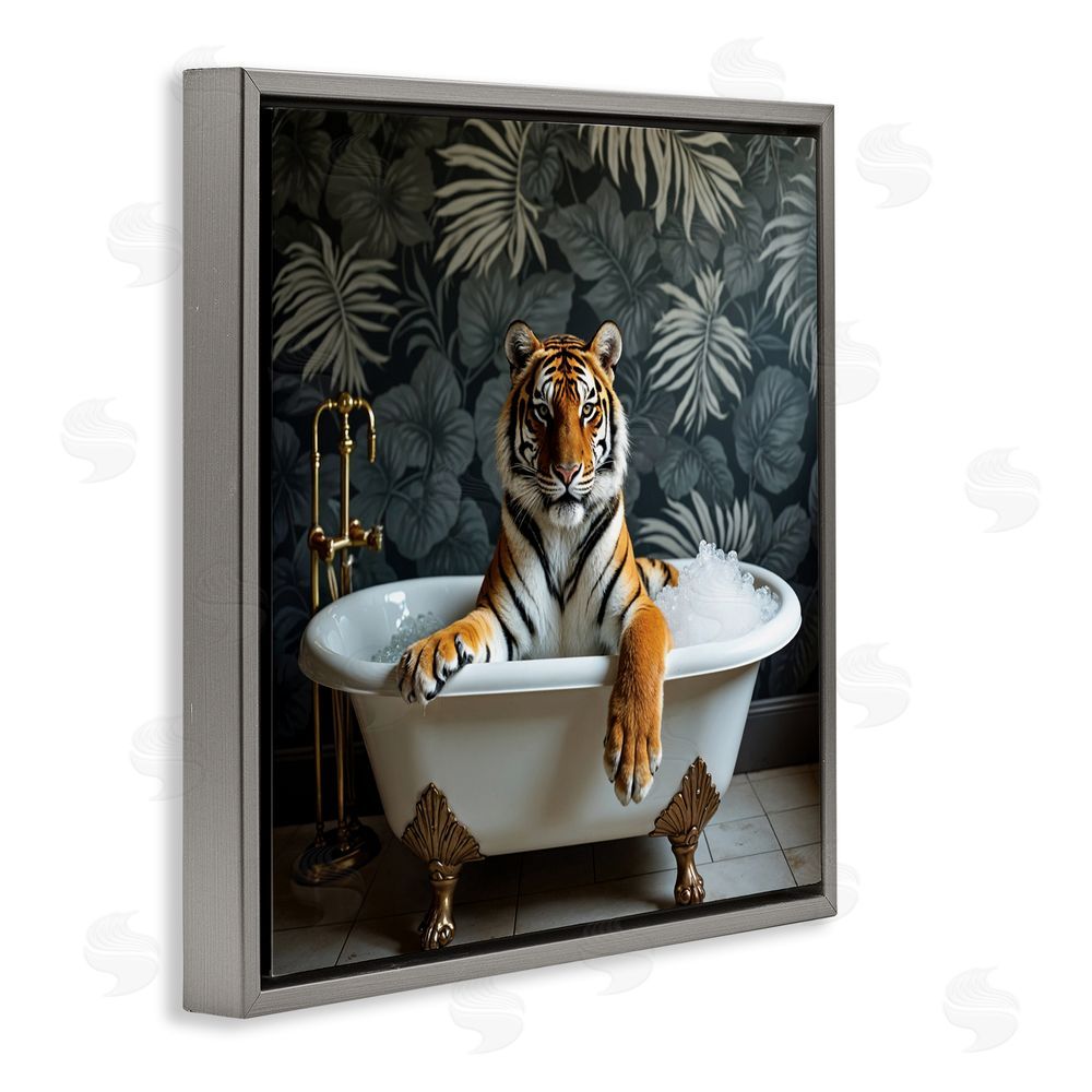 Lettered and Lined Tiger in Exotic Bubble Bath Gray Floating Frame Canvas Wall Art Print