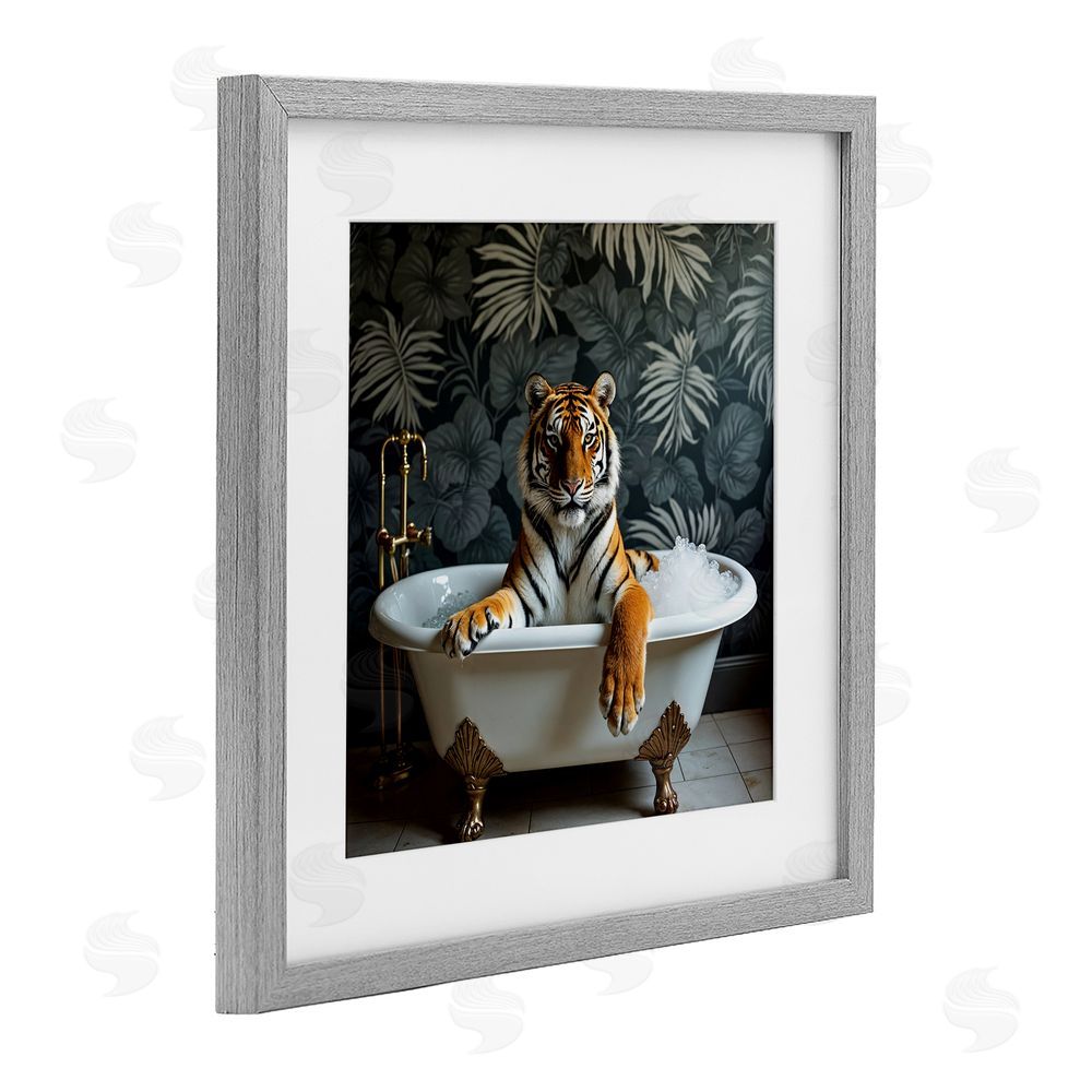 Lettered and Lined Tiger in Exotic Bubble Bath Gray Framed Print Under Glass Wall Art