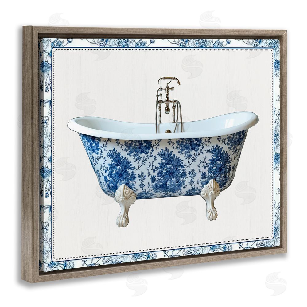 Lettered and Lined Vintage Chinoiserie Bathtub Brown Floating Frame Canvas Wall Art Print