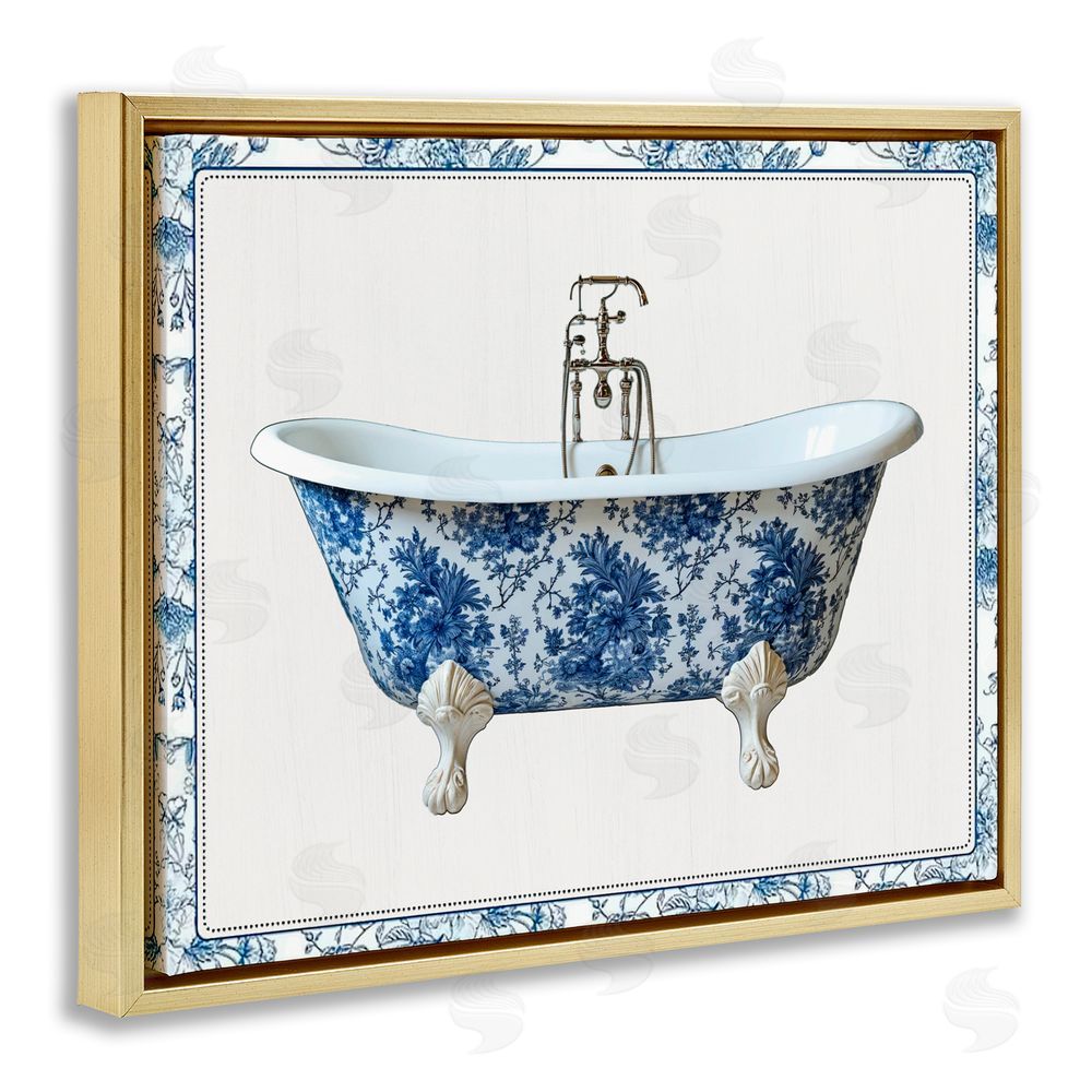 Lettered and Lined Vintage Chinoiserie Bathtub Gold Floating Frame Canvas Wall Art Print
