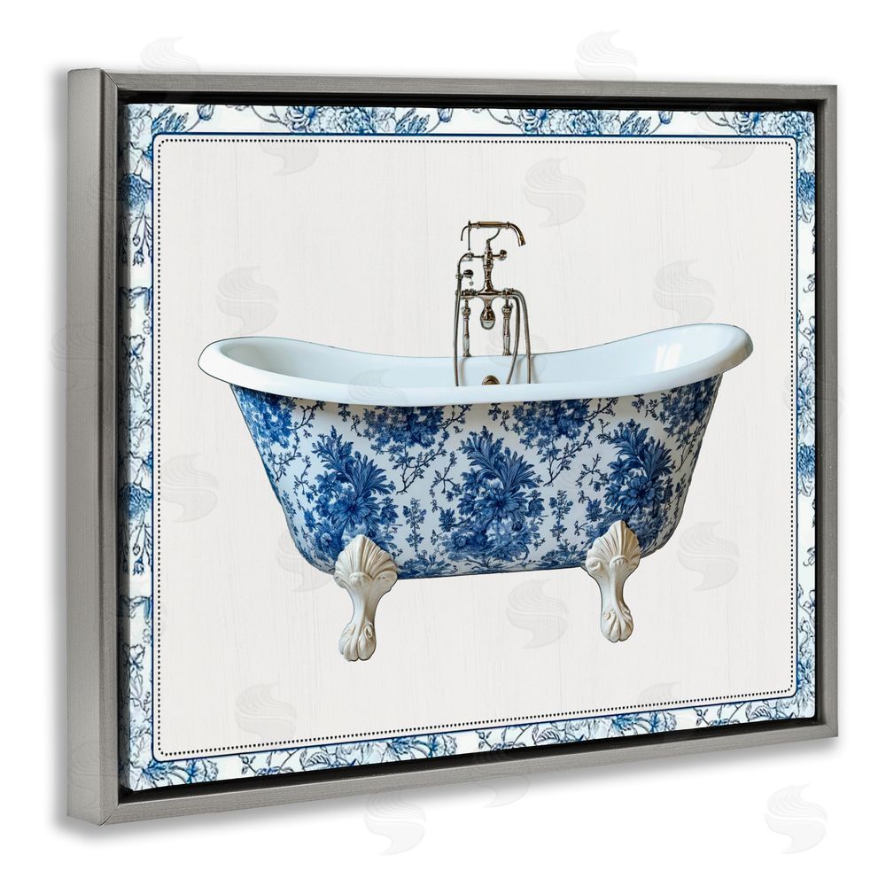 Lettered and Lined Vintage Chinoiserie Bathtub Gray Floating Frame Canvas Wall Art Print