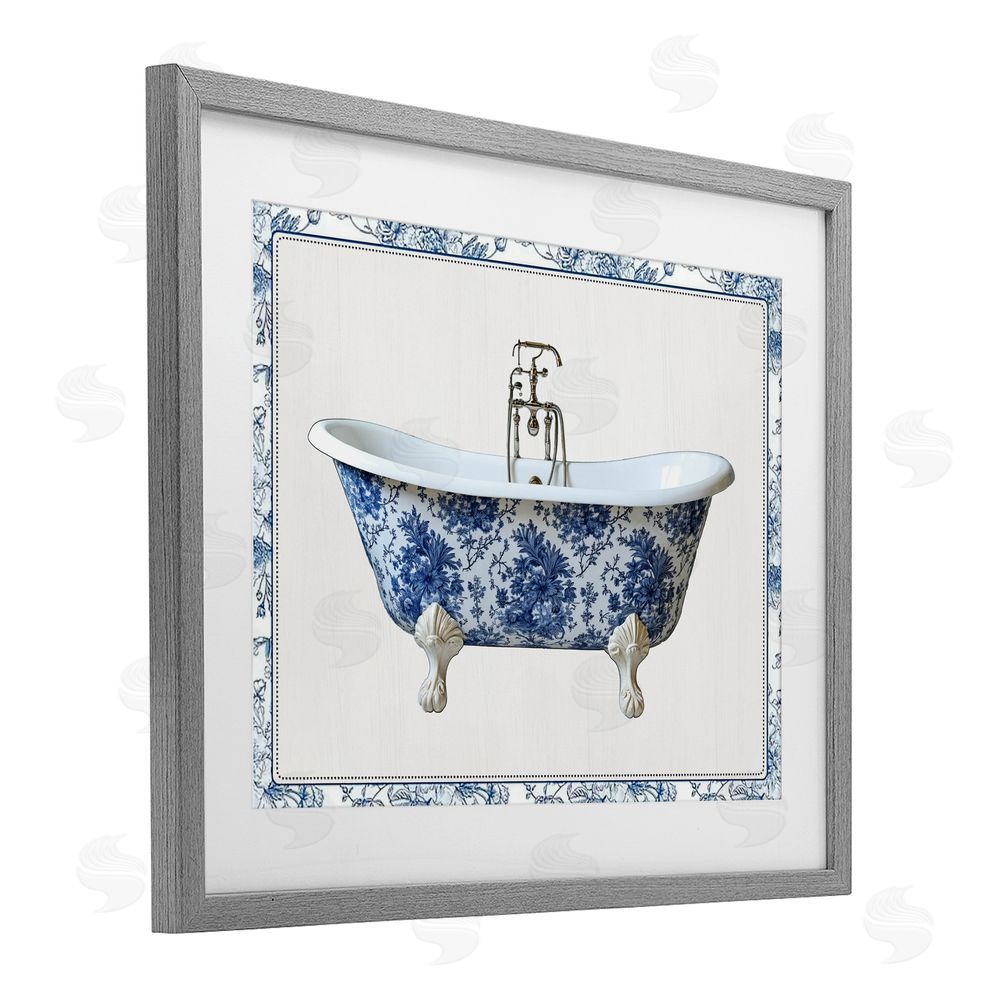 Lettered and Lined Vintage Chinoiserie Bathtub Gray Framed Print Under Glass Wall Art