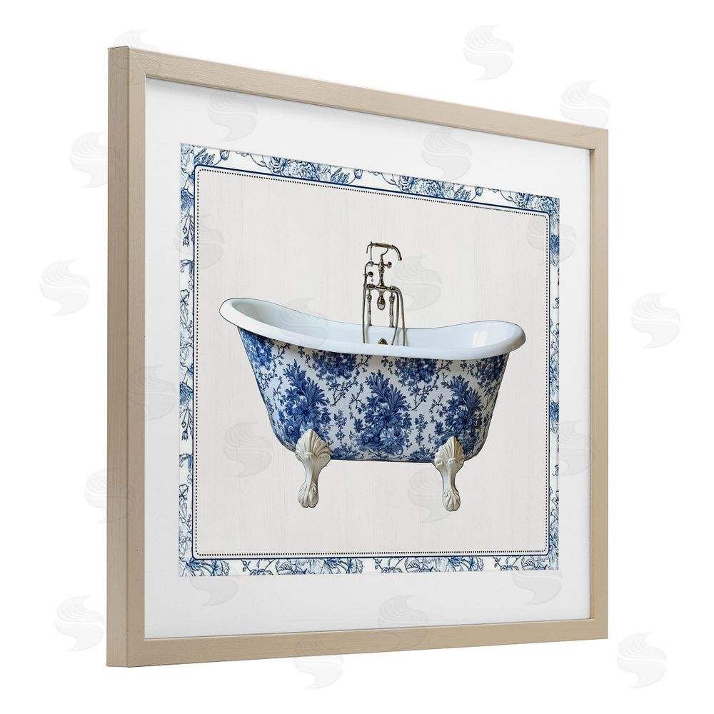 Lettered and Lined Vintage Chinoiserie Bathtub Brown Framed Print Under Glass Wall Art