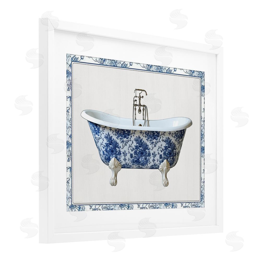 Lettered and Lined Vintage Chinoiserie Bathtub White Framed Print Under Glass Wall Art