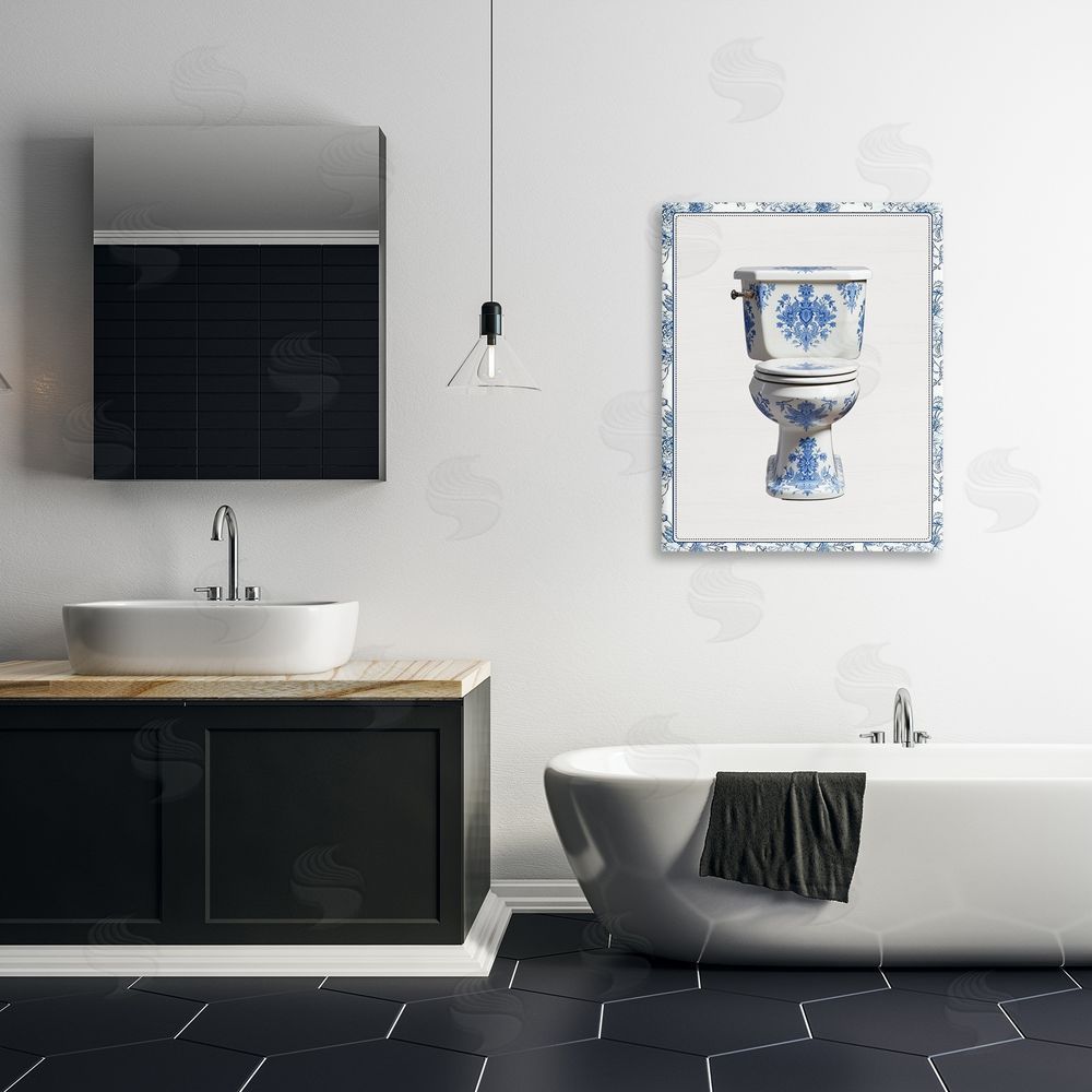Lettered and Lined Vintage Chinoiserie Toilet Stretched Canvas Wall Art Print in Room