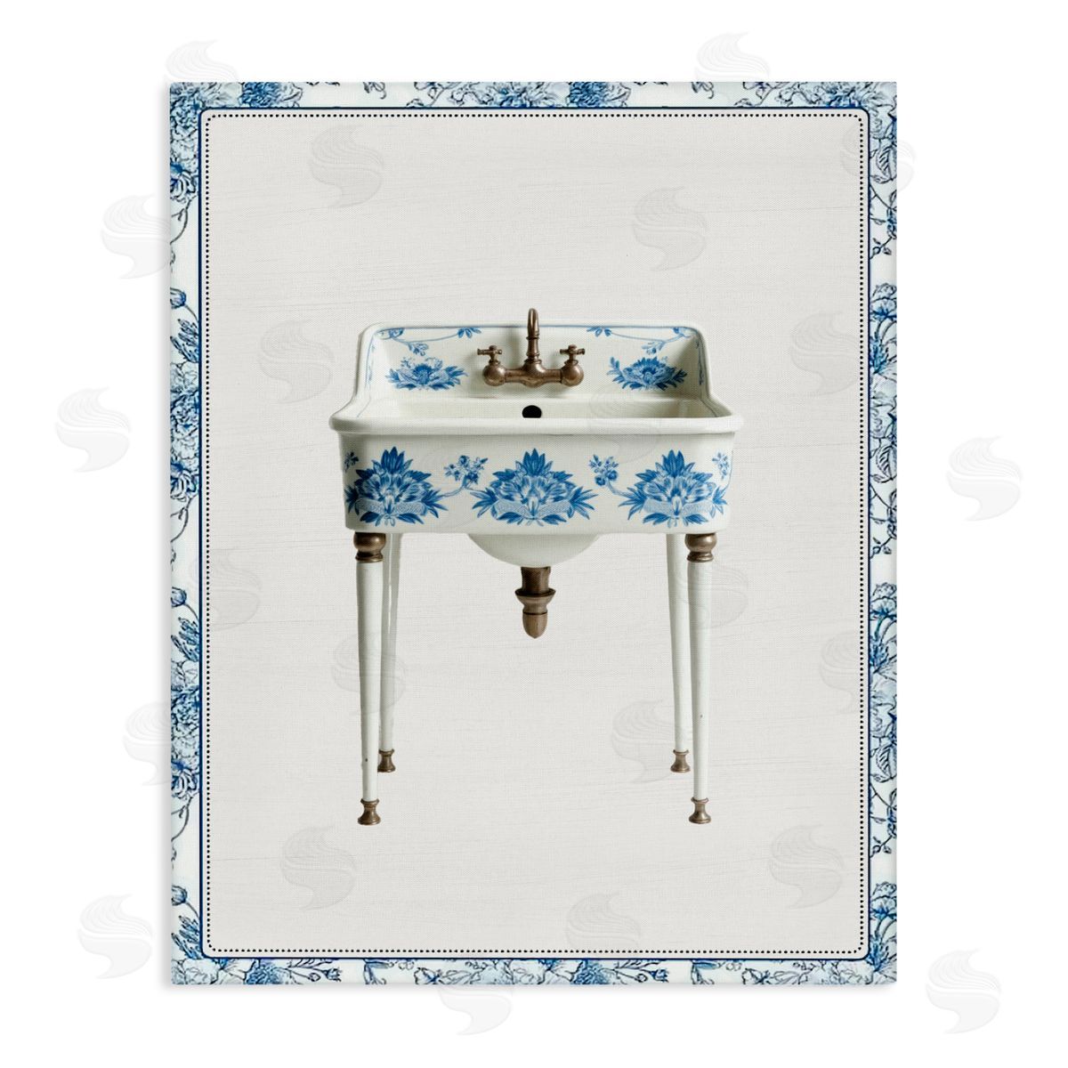 Lettered and Lined Vintage Chinoiserie Sink Stretched Canvas Wall Art Print