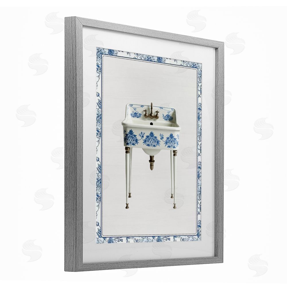 Lettered and Lined Vintage Chinoiserie Sink Gray Framed Print Under Glass Wall Art