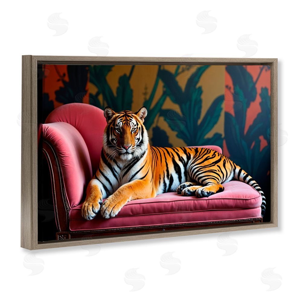 Lettered and Lined Exotic Tiger Lounging Brown Floating Frame Canvas Wall Art Print