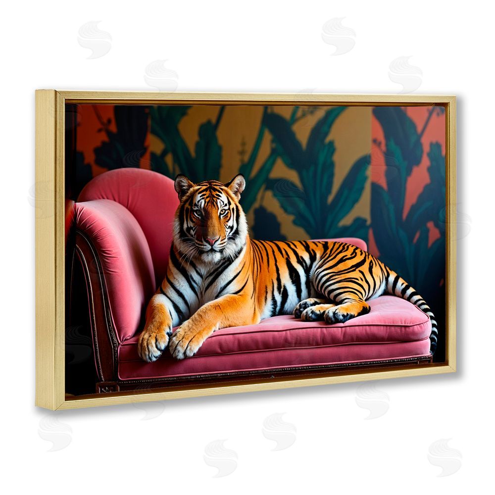 Lettered and Lined Exotic Tiger Lounging Gold Floating Frame Canvas Wall Art Print