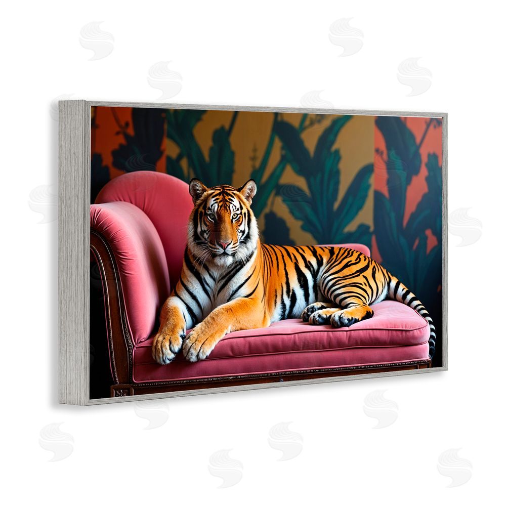 Lettered and Lined Exotic Tiger Lounging Gray Framed Giclee Print Wall Art