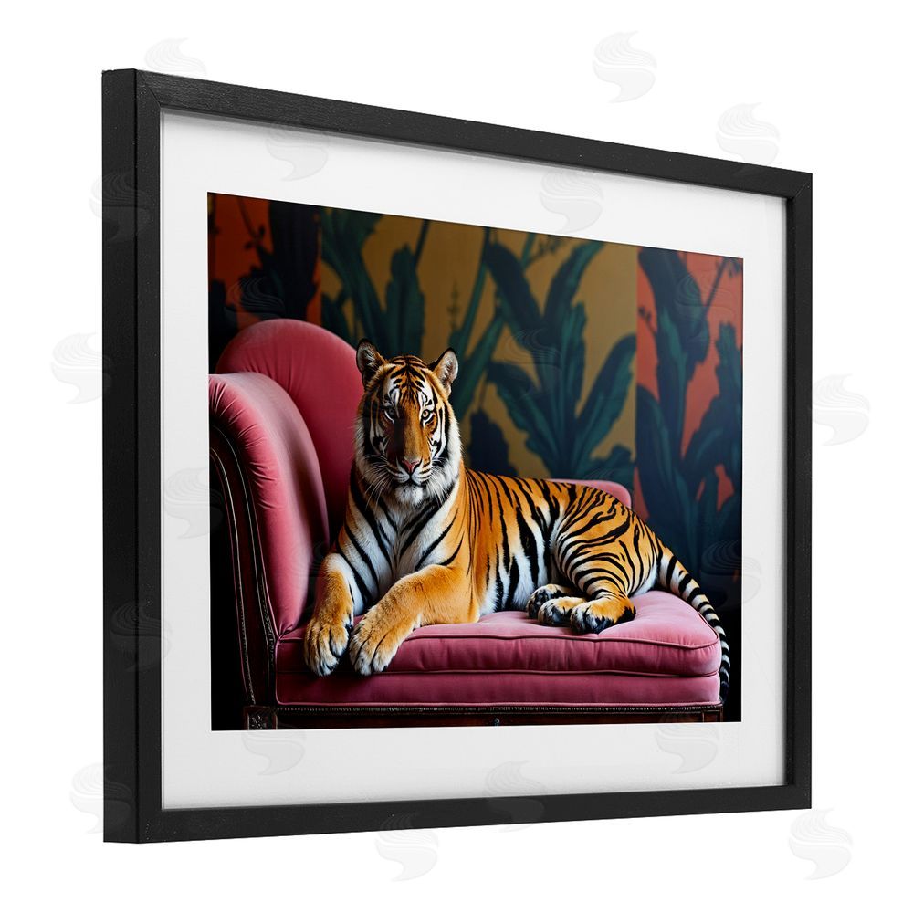 Lettered and Lined Exotic Tiger Lounging Black Framed Print Under Glass Wall Art