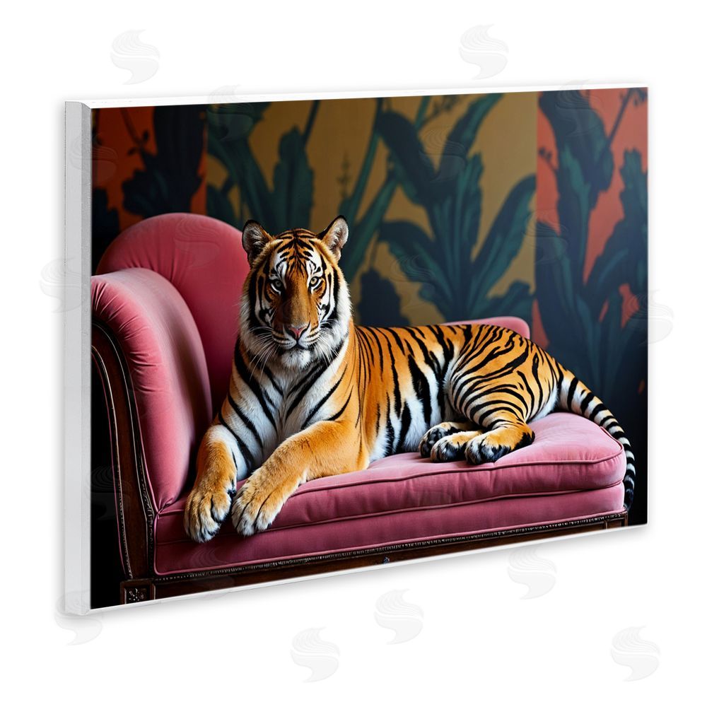 Lettered and Lined Exotic Tiger Lounging Wooden Wall Plaque Art Print