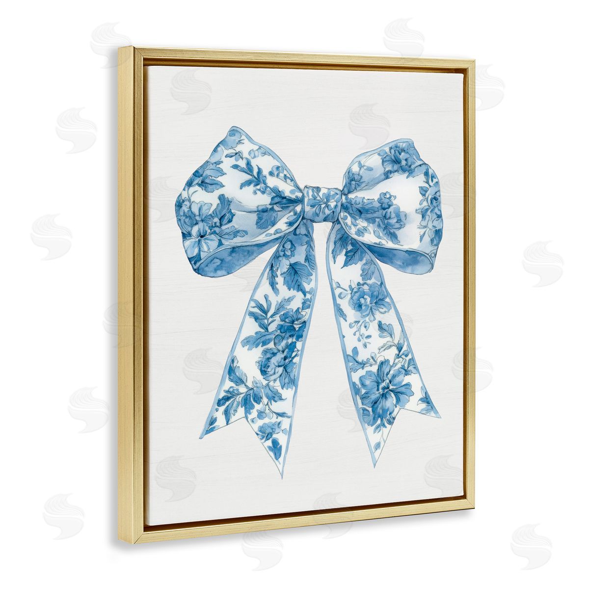 Lettered and Lined Soft Delicate Toile Bow Gold Floating Frame Canvas Wall Art Print