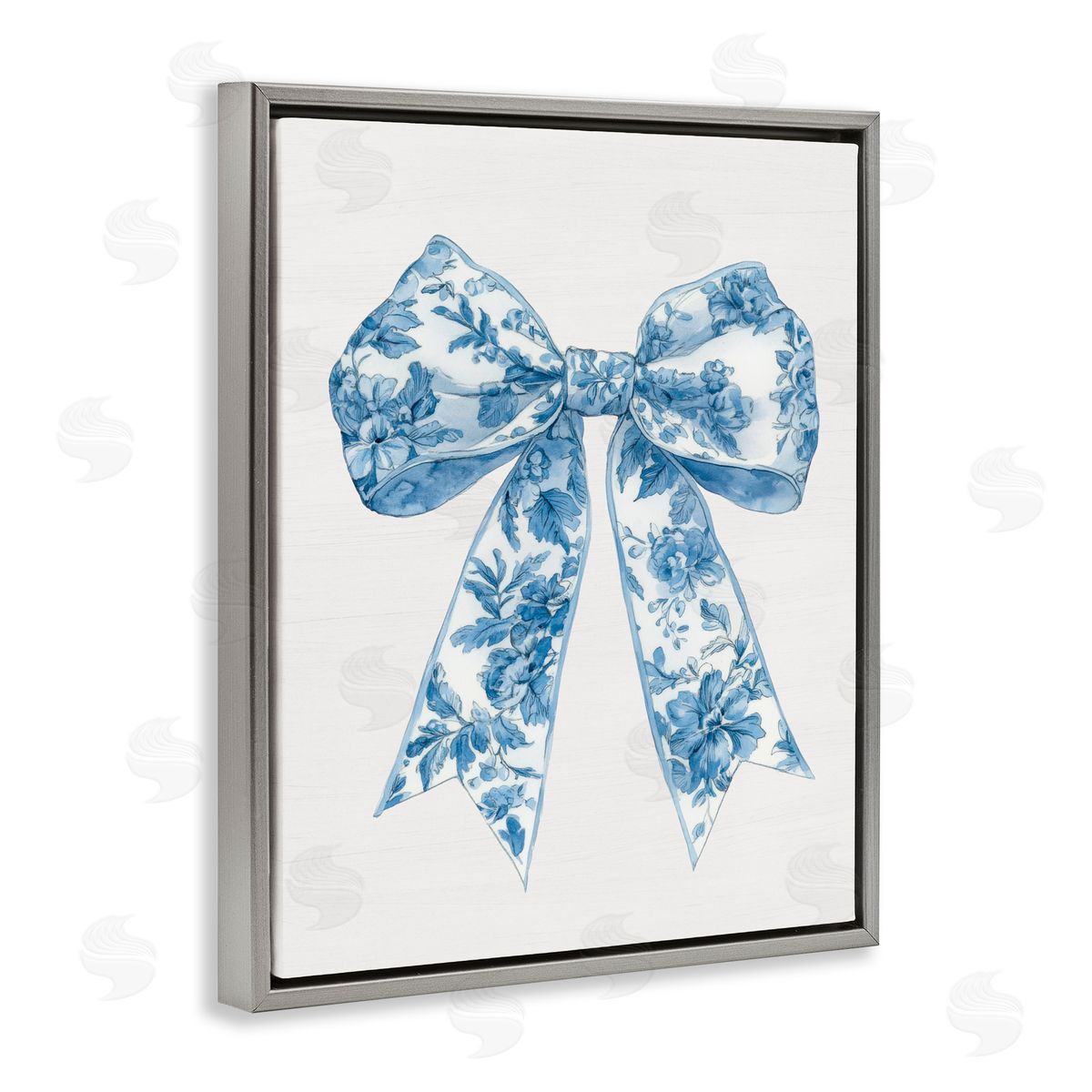 Lettered and Lined Soft Delicate Toile Bow Gray Floating Frame Canvas Wall Art Print