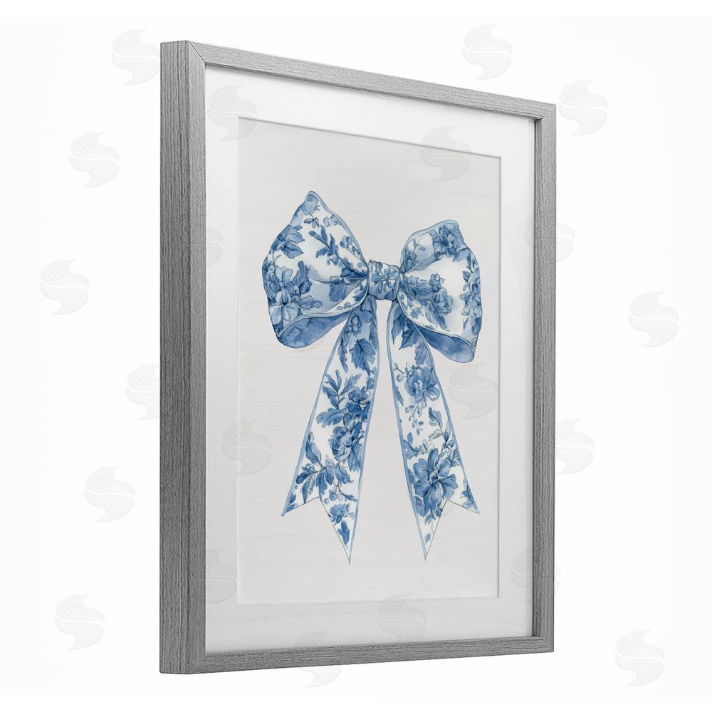 Lettered and Lined Soft Delicate Toile Bow Gray Framed Print Under Glass Wall Art
