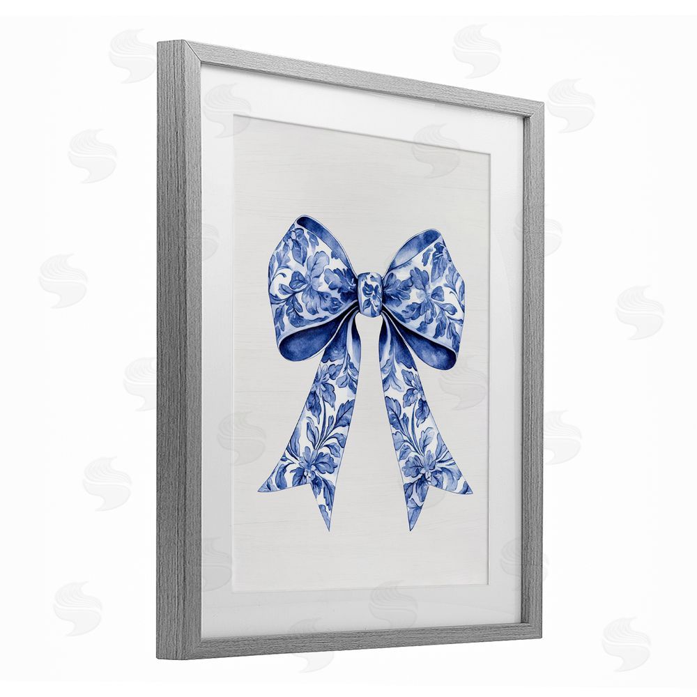 Lettered and Lined Vintage Toile Flower Ribbon Gray Framed Print Under Glass Wall Art