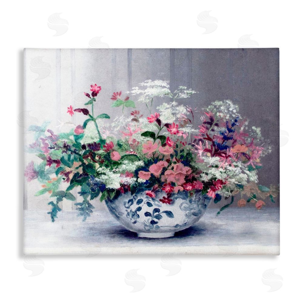 Lettered and Lined Painterly Elegant Blooms Vase Stretched Canvas Wall Art Print