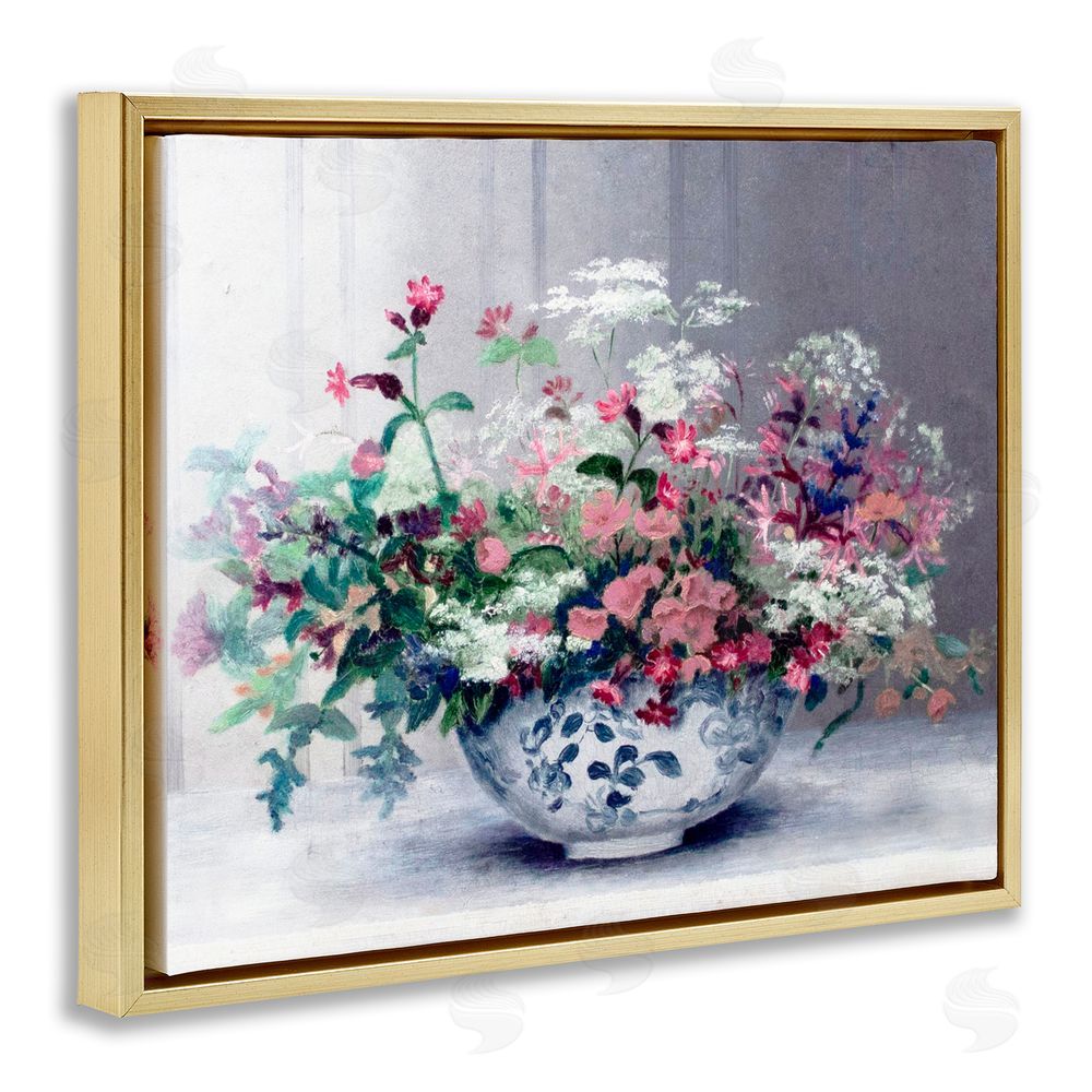 Lettered and Lined Painterly Elegant Blooms Vase Gold Floating Frame Canvas Wall Art Print