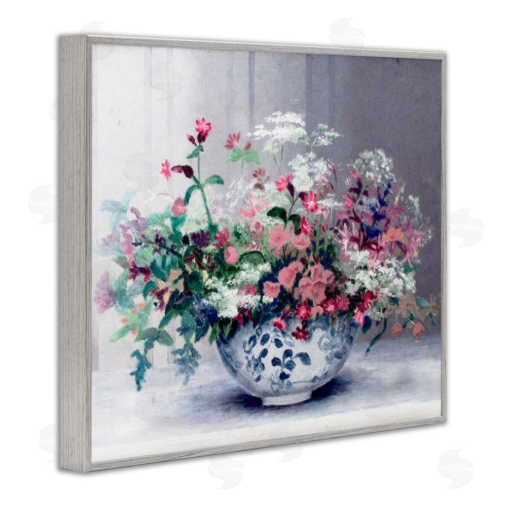 Lettered and Lined Painterly Elegant Blooms Vase Gray Framed Giclee Print Wall Art