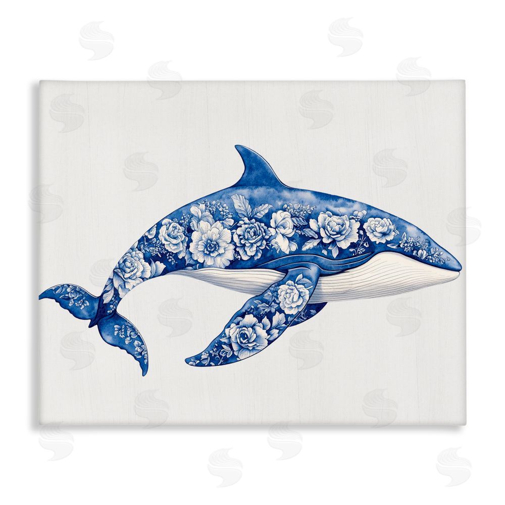 Lettered and Lined Floral Toile Whale Stretched Canvas Wall Art Print