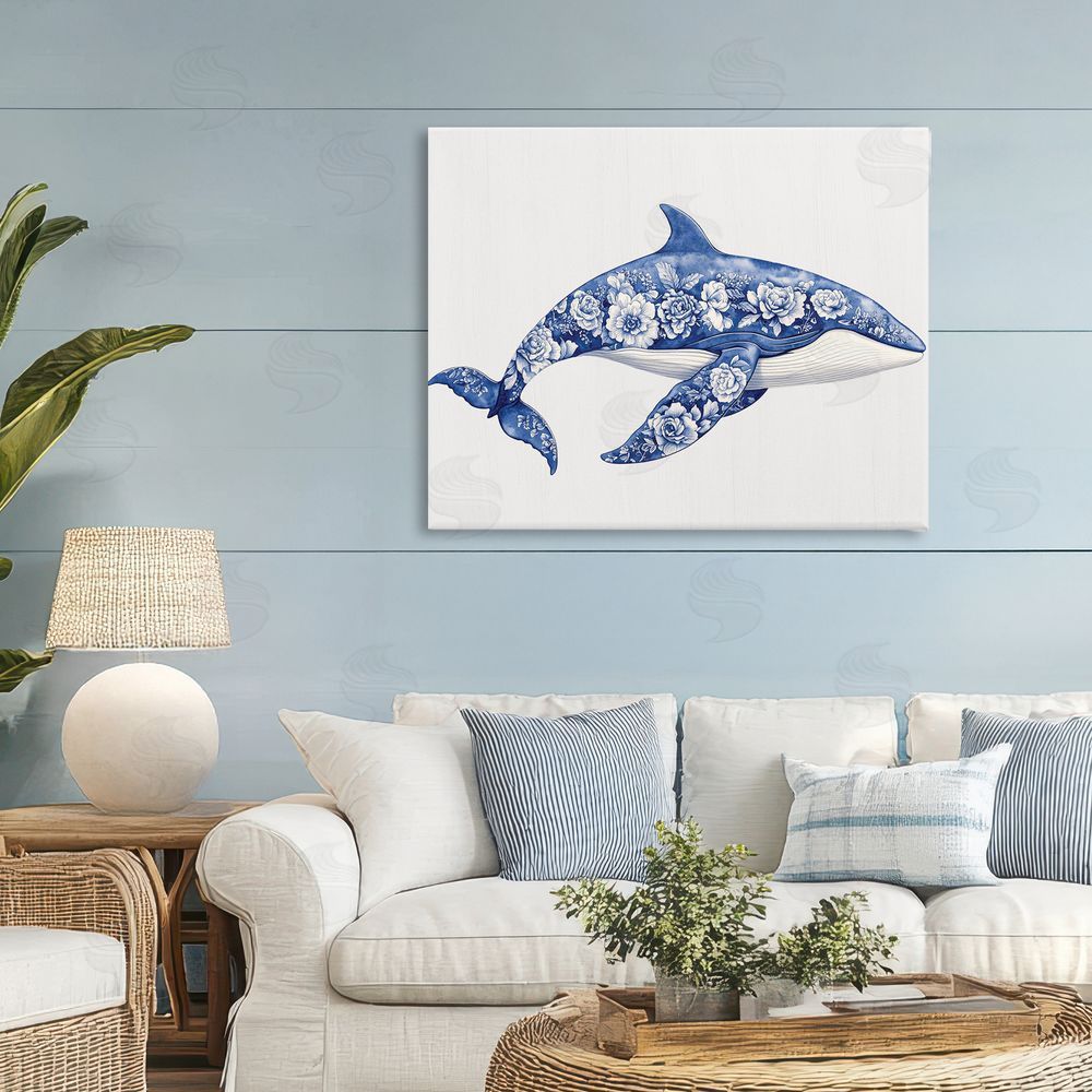 Lettered and Lined Floral Toile Whale Stretched Canvas Wall Art Print in Room