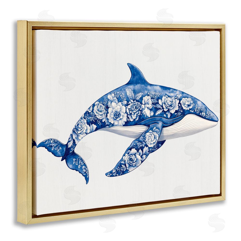 Lettered and Lined Floral Toile Whale Gold Floating Frame Canvas Wall Art Print