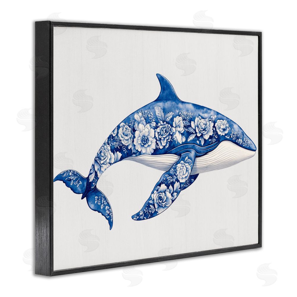 Lettered and Lined Floral Toile Whale Black Framed Giclee Print Wall Art