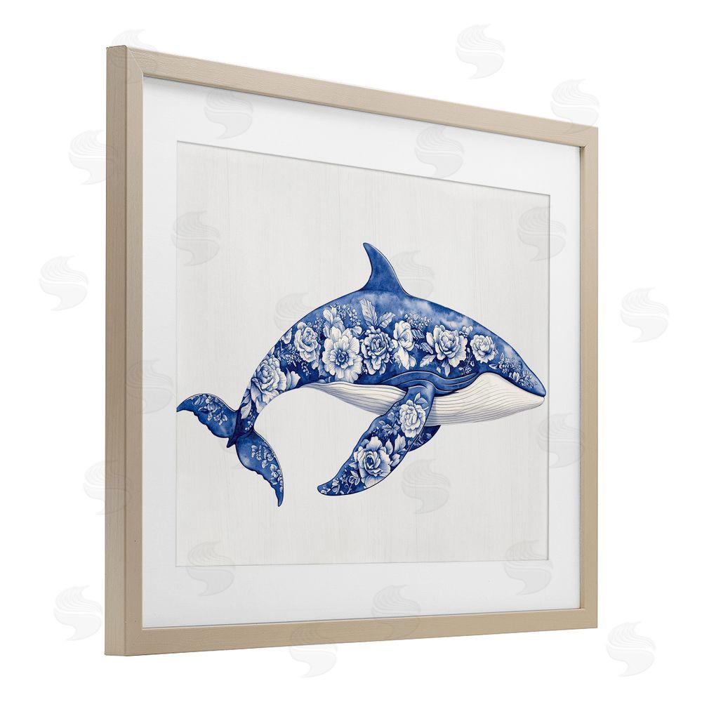 Lettered and Lined Floral Toile Whale Brown Framed Print Under Glass Wall Art