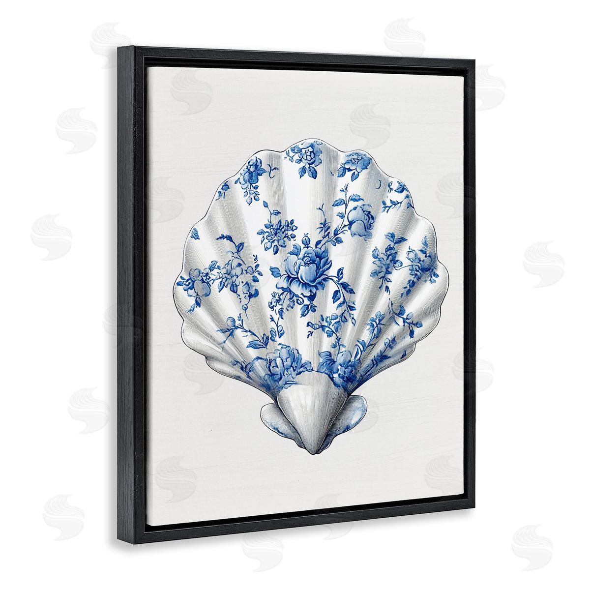 Lettered and Lined Funky Toile Seashell Black Floating Frame Canvas Wall Art Print