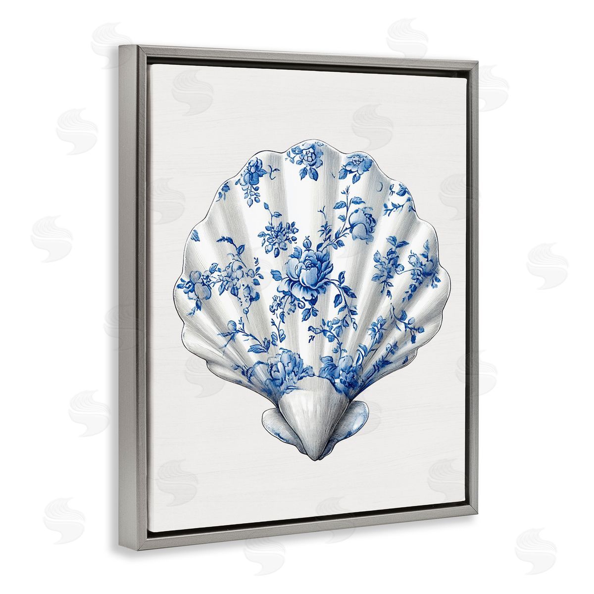 Lettered and Lined Funky Toile Seashell Gray Floating Frame Canvas Wall Art Print