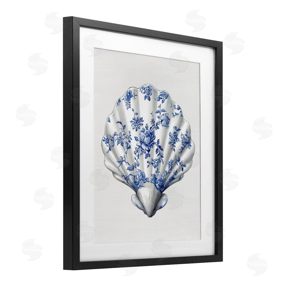 Lettered and Lined Funky Toile Seashell Black Framed Print Under Glass Wall Art